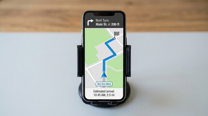 Smartphone displaying active GPS navigation on screen, showing clear route lines and location markers, conveying travel guidance, mapping, direction finding, and mobility concepts