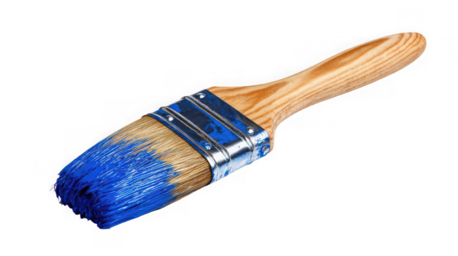 Paintbrush with blue paint isolated on transparent background