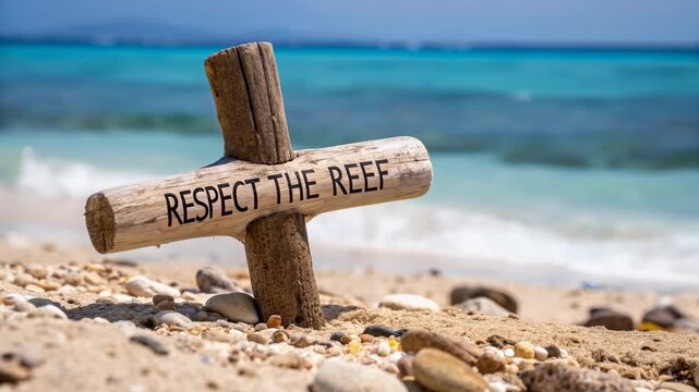Plastic free sustainable marine concept. A wooden sign on a beach urging respect for coral reefs.