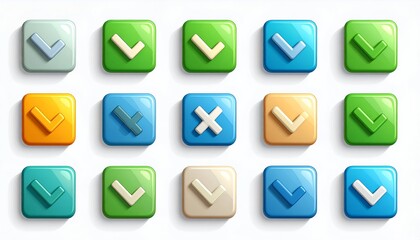 Collection of fifteen glossy, square icons, depicting check marks and crosses in various colors