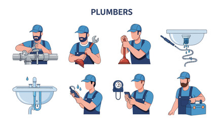 Eight vignettes depicting male plumbers performing various tasks with tools and plumbing fixtures