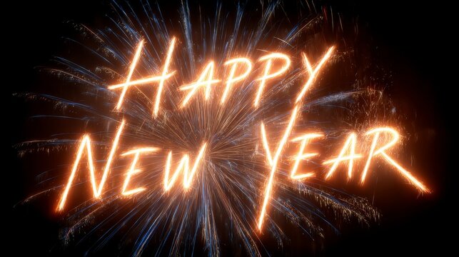 Happy new year text written with luminous sparklers, exploding with festive light trails, celebrating new year's eve with vibrant fireworks and joyful concepts of renewal and future christmas