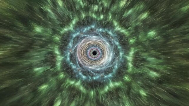 Endless zoom through a vibrant, colorful tunnel constructed of rapidly shifting fractal geometry and glowing kaleidoscopic light fast movement, immersive, vibrant