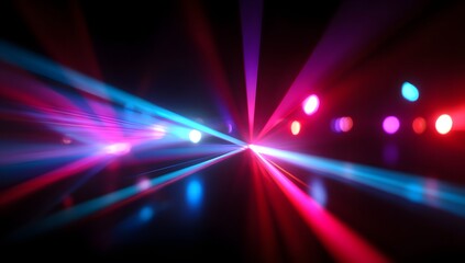 Obraz premium Vibrant laser light show illuminates a dark venue with dynamic beams of pink and blue rays