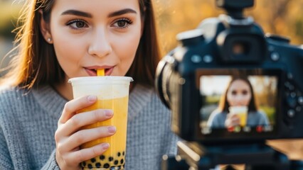 Young woman reviewer drinking bubble tea and recording video on camera. Vlogging about trendy beverage. Lifestyle content creator for social media.
