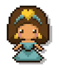 Cute Pixel Art Oriental Princess Character. Retro Princess with Headband and Long Braid for Game Design and Illustrations