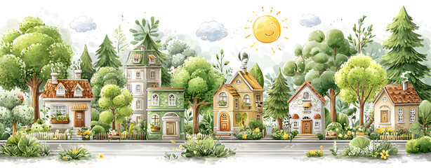 miniature countryside charm illustration Charming houses nestled in a lush landscape. fairy tale tiny village aesthetic pastel cozy rural town wallpaper