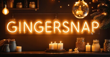 Warm interior scene. Bright neon sign spells Gingersnap. Candles, jars, festive decor create cozy atmosphere. Dark wood surfaces visible.