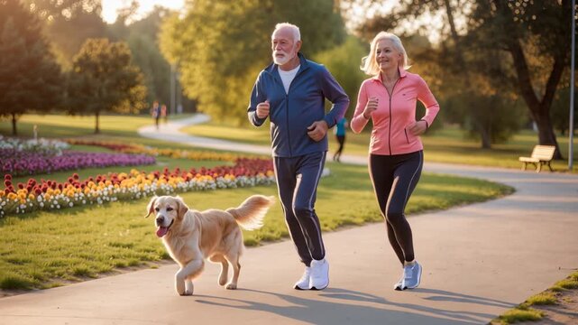 Smiling senior couple jogging together in a sunny park, accompanied by a golden retriever