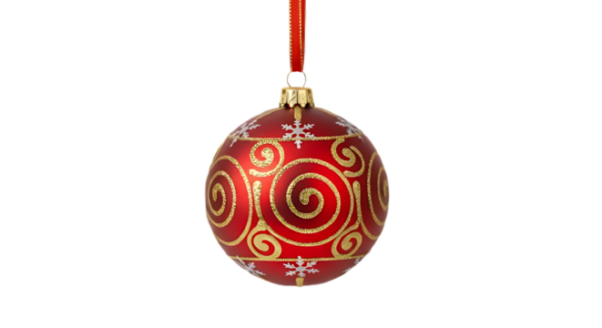 Shiny red Christmas ball ornament decoration with gold ribbon isolated on a white background for holiday celebration