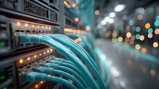 Network server room with blue cables connected to equipment and glowing lights in the background