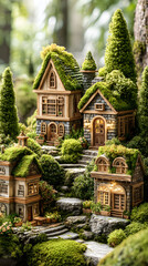 miniature countryside charm illustration Charming miniature houses with lush greenery. fairy tale tiny village aesthetic pastel cozy rural town wallpaper