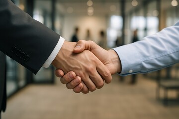 Close-up handshake between two business people in office environment symbolizing partnership and mutual agreement in professional setting. Ai generative