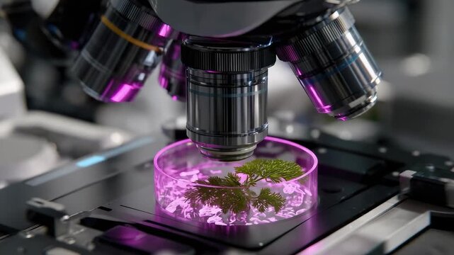Plant tissue in a pink fluorescent gel inside a petri dish, viewed under a fluorescence microscope.