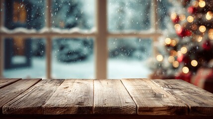 Rustic wooden table top with blurred winter window background and falling snow, creating a cozy christmas holiday atmosphere next to a decorated fir tree product card copy space marketplace