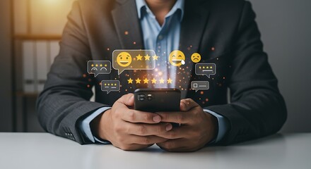 Modern Marketing and Customer Support Concept Featuring High Ratings, Five Stars, and Emoticons Floating Above a Smartphone Screen