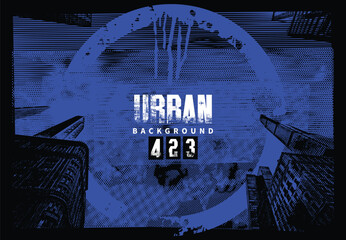 Abstract vector banner on the theme of urbanism, street art, digital technology and photo studios against the background of the architecture of a city, pixels.T-shirt design, poster, logo. No AI used 