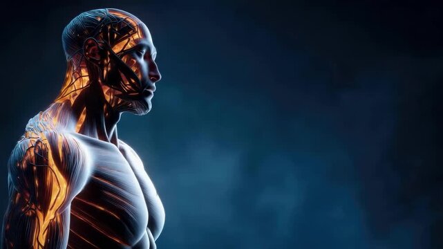 An artistic anatomy illustration of a human back with exposed muscles and sinews glowing orange against a dark blue background