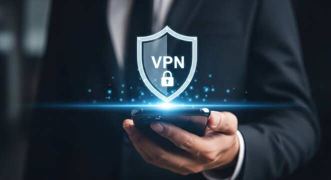 Businessman holding smartphone with glowing vpn shield and lock icon