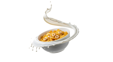 Cereal and milk splash in a bowl isolated on transparent background