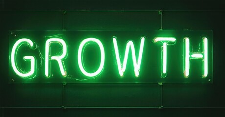 Bright neon sign spells GROWTH against dark green tiled background. Simple, bold lettering creates strong visual impact.