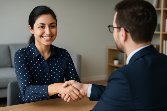 Professional woman smiling while shaking hands with a man in suit at office desk, symbolizing agreement or new opportunity in modern workplace setting. Ai generative