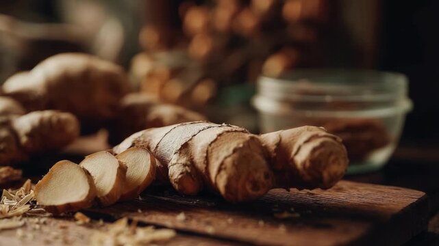 Fresh ginger root with sliced pieces on a wooden cutting board.