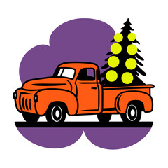 Vintage orange truck carrying a decorated Christmas tree
