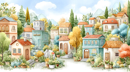 miniature countryside charm illustration Charming houses in a serene landscape. fairy tale tiny village aesthetic pastel cozy rural town wallpaper