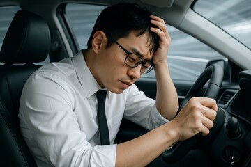 Stressed businessman sitting in car holding steering wheel with eyes closed and hand on head showing frustration and emotional exhaustion concept. Ai generative