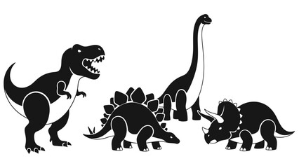 A group of four cartoon dinosaurs including a T-Rex, Stegosaurus, Triceratops, and a long-necked dinosaur.