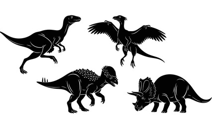 Silhouette illustration of four different dinosaurs, each in a unique pose, isolated on white.