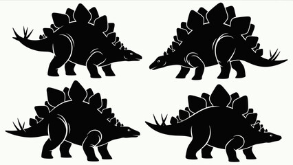Four black silhouette illustrations of a Stegosaurus dinosaur, showcasing different poses.