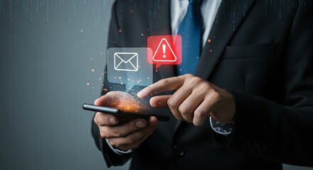 Secure communication and email fraud prevention concept, businessman interacting with alert notification on smartphone against digital backdrop
