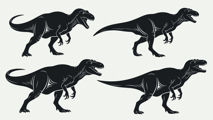 Four stylized silhouettes of prehistoric carnivorous dinosaurs in various poses.