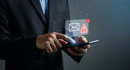 Digital security alert for suspicious email on mobile device, hacking and data breach concept with businessman in suit and virtual icons