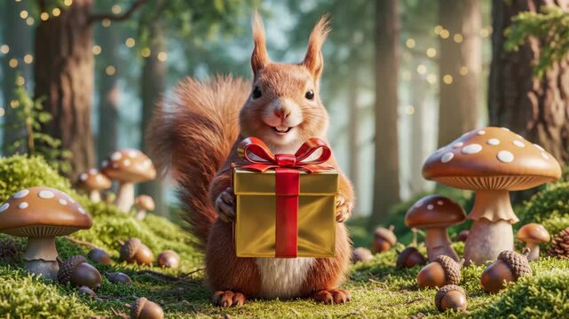 Squirrel Holding Golden Gift in Forest - A smiling squirrel stands in a forest surrounded by mushrooms and acorns, holding a golden gift wrapped with a red ribbon.