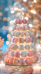 Luxury Pastel Macaron Tower Grand Party Dessert Warm Candlelight Bokeh Background
