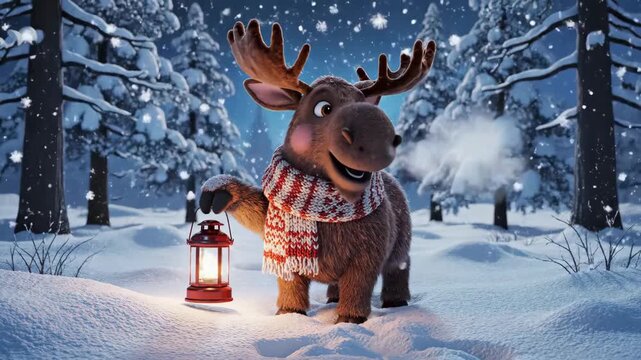 Cartoon Moose with Lantern in Winter Forest - A cartoon moose wearing a red and white scarf walks through a snowy forest holding a lit lantern.