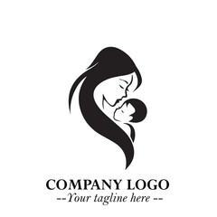 Mom and Baby Logo Symbol in Black on White Background for Gentle Minimalist Branding Design Art