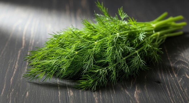 Fresh bunch of dill herb on a dark wooden surface