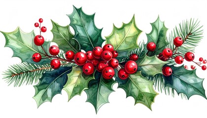 Christmas watercolor floral arrangement of holly leaves, red berries and spruce