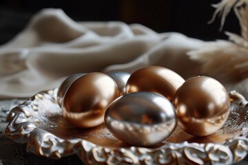 Metallic easter eggs in gold and silver sit on an ornate tray, creating a luxurious and elegant easter decoration