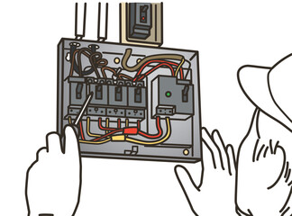 電気工事士による配電盤作業のイラスト