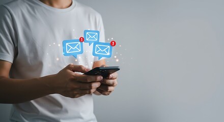 Person holding mobile phone receiving multiple message alerts. High-tech digital marketing and inbox management concept for modern business growth