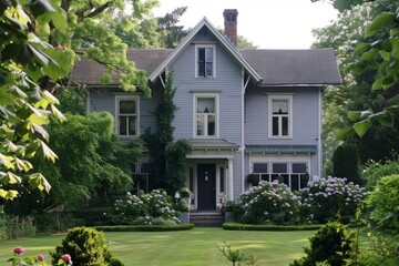Victorian house with a well kept garden and blooming hydrangeas, creating a picturesque scene