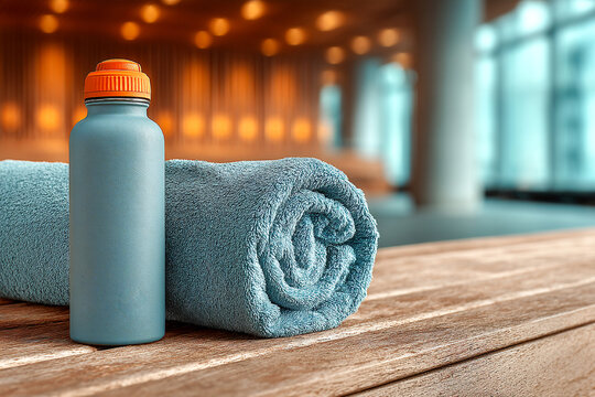 Water bottle and gym towel on bench in fitness center during workout session Generative AI