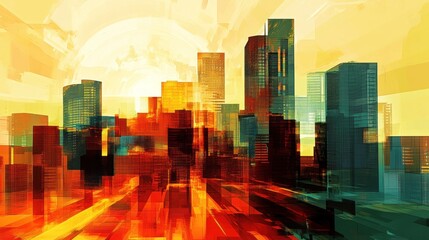Abstract cityscape at sunset, vibrant urban buildings, dynamic perspective, digital art
