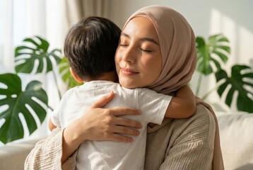 A young Malay mother hugging her son with love