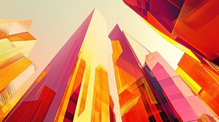 Fototapeta premium Abstract cityscape, looking up at vibrant, geometric skyscrapers. Digital art